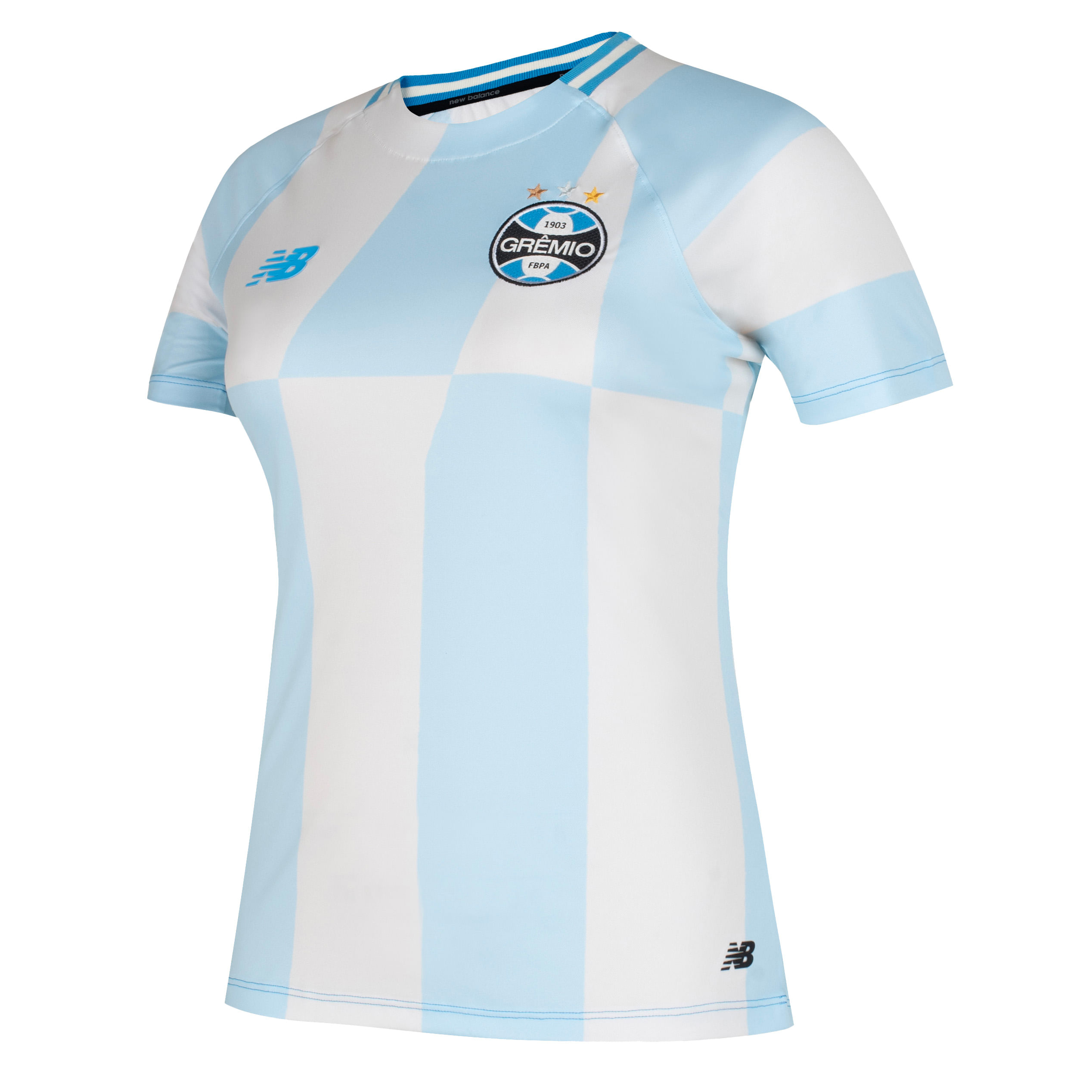 Camisa feminina Grêmio New Balance azul vista frontal para ajuste e caimento